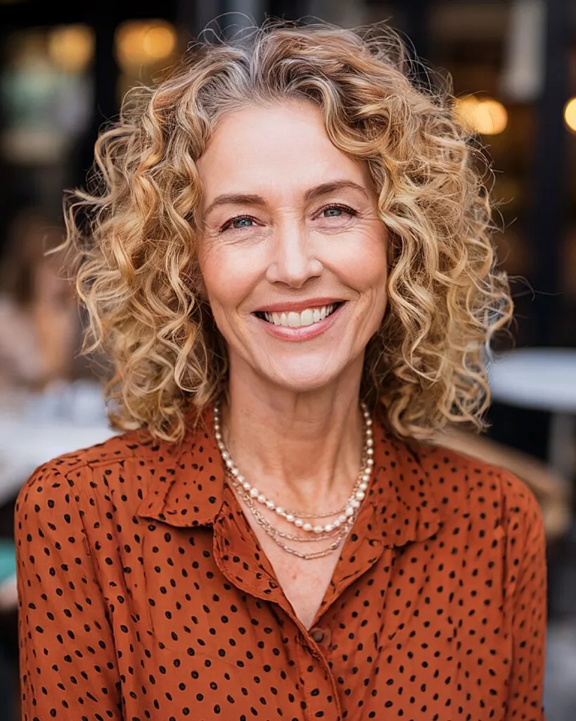 Shoulder length curly hairstyle with blonde highlights for mature women seeking definition