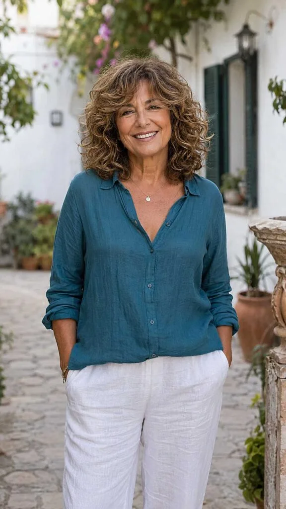 Shoulder-length curly shag with warm brown highlights