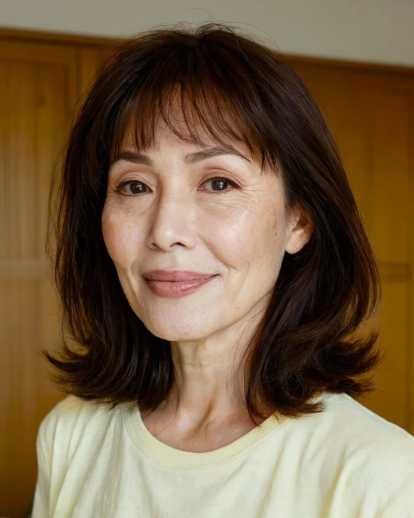 Shoulder-length layered haircut with wispy bangs for women over 60 with straight hair