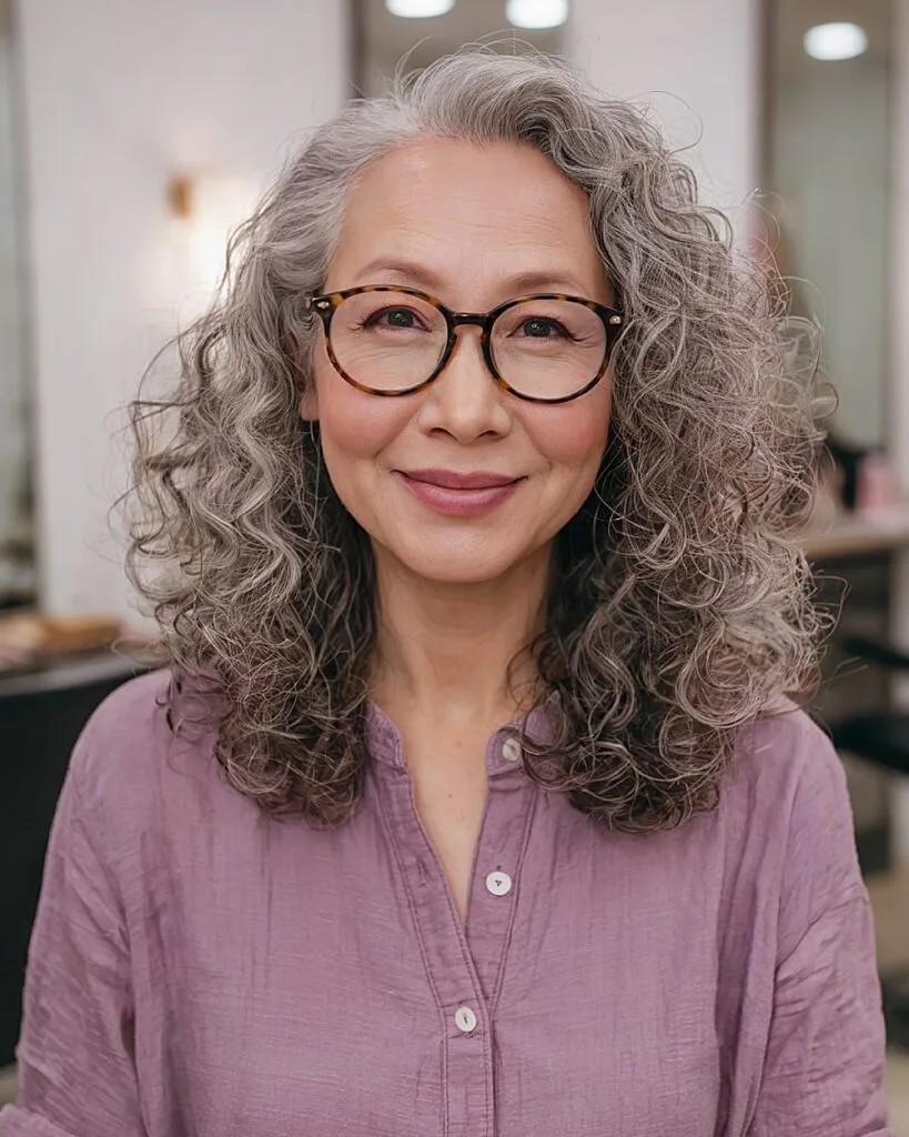 Side parted medium gray curly hairstyle with soft texture for older women with natural curls