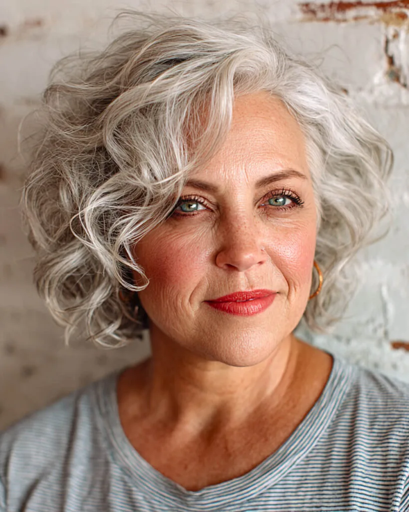 Side-swept curly bob haircut on a woman over 60 with soft volume