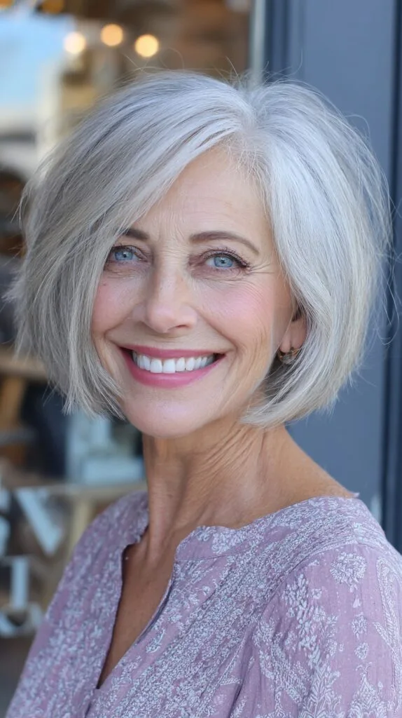 Silver Angled Chin-Length Bob with Subtle Stack