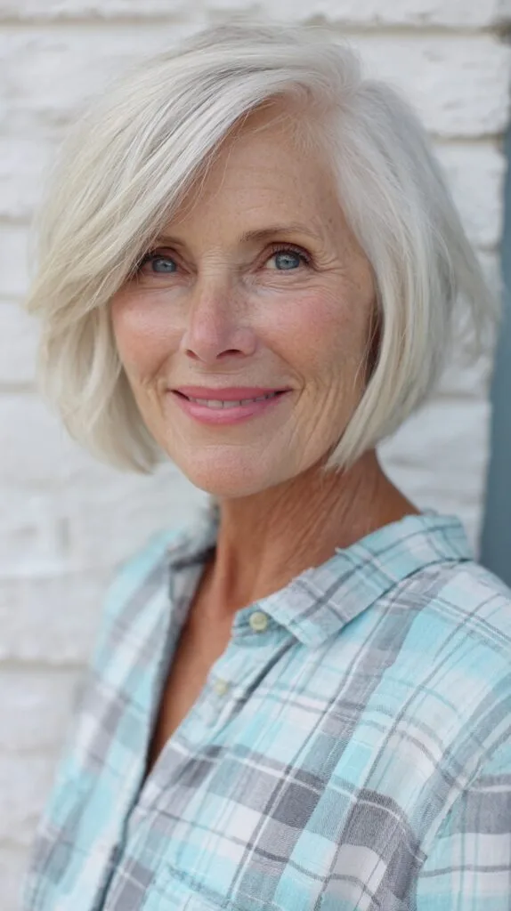 Silver Chin-Length Angled Bob with Long Side Sweep