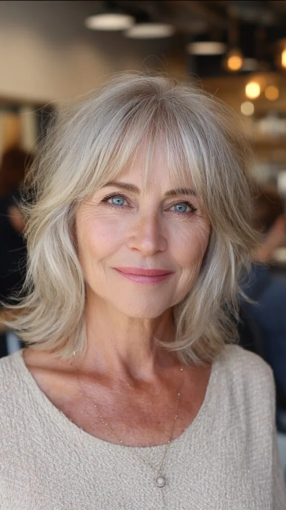 Silver Feathered Lob with Wispy Center-Part Curtain Fringe
