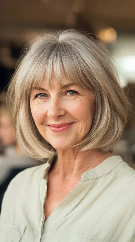 Silver Glamour Layered Bob with Soft Bangs