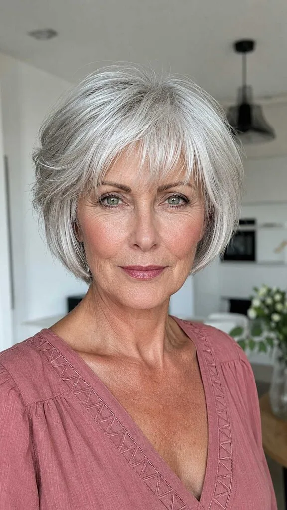 Silver gray pixie bob with wispy side-swept bangs