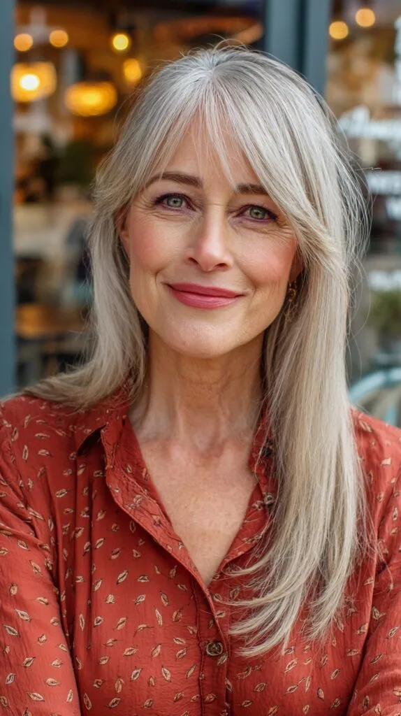 Silver-Grey Long Layers with Center-Parted Wispy Fringe