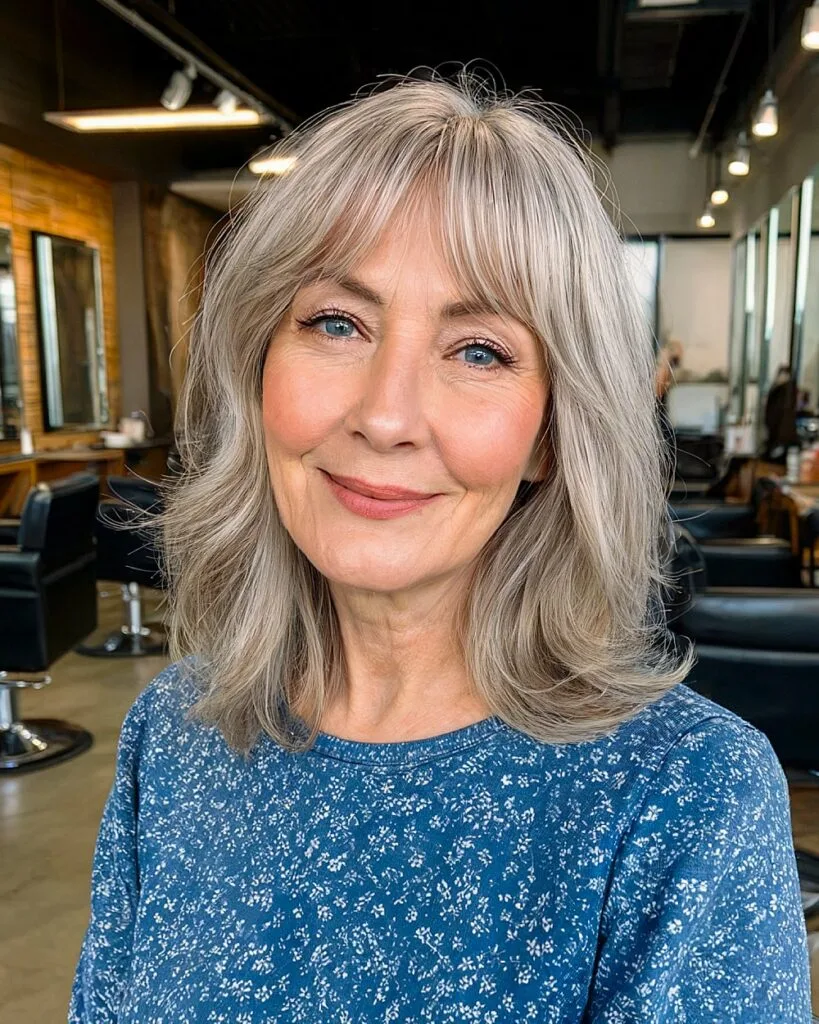 Silver layered hairstyle with curtain bangs for older women with medium-length hair