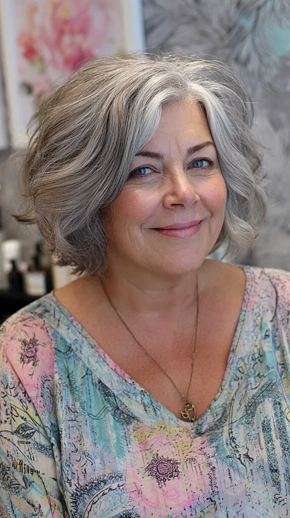 Silver pewter gray layered bob with textured waves