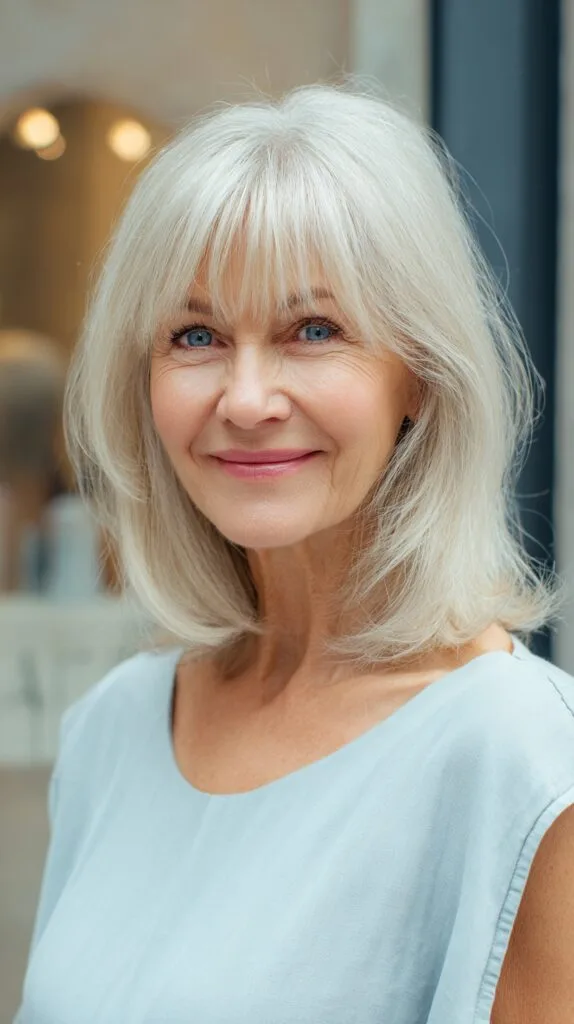 Silver Shoulder-Length Cut with Wispy Curtain Fringe