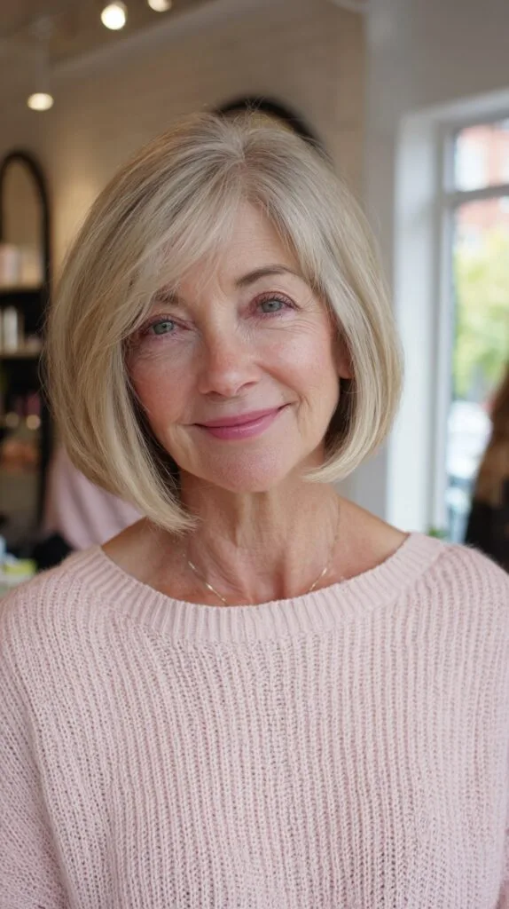 Silver Stacked Chin-Length Bob with Side-Swept Fringe