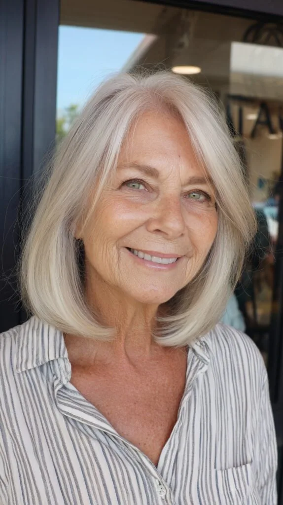 Silvery Chin-Length Lob with Interior Bevel and Face-Framing Feathering