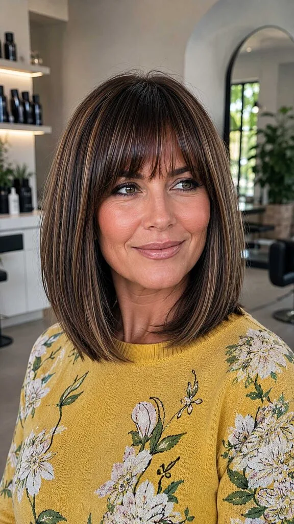 Sleek brunette bob with highlights and full bangs
