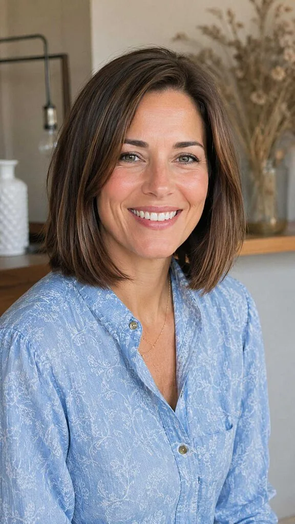 Sleek brunette lob at collarbone length with shine