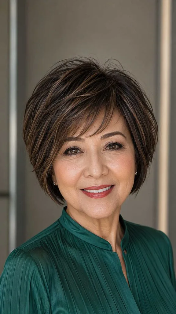 Sleek brunette pixie bob with face-framing layers