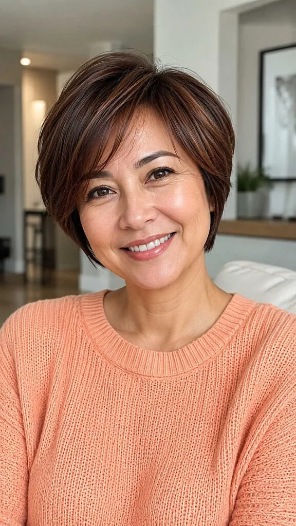Sleek Layered Dark Pixie with Side-Swept Bangs