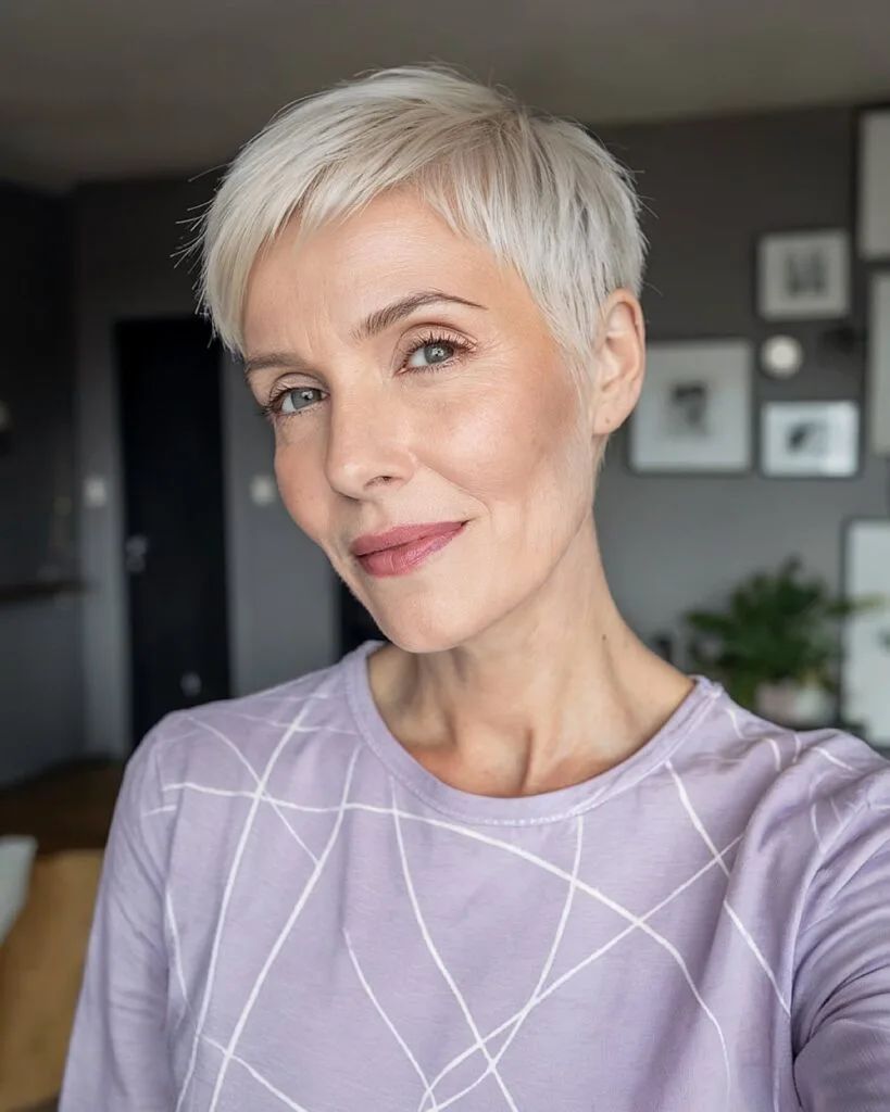 Sleek sculpted ash blonde pixie cut for older women with fine straight hair