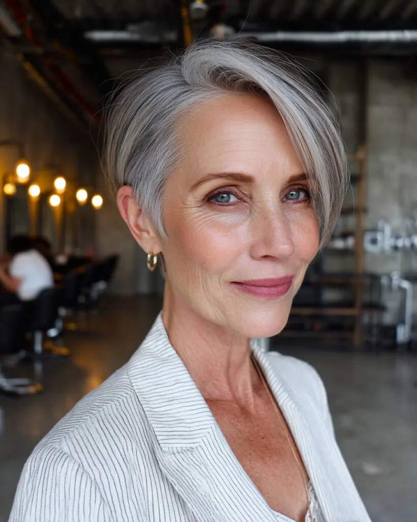 Sleek side-parted pixie cut for women over 50 with fine grey hair and asymmetrical length