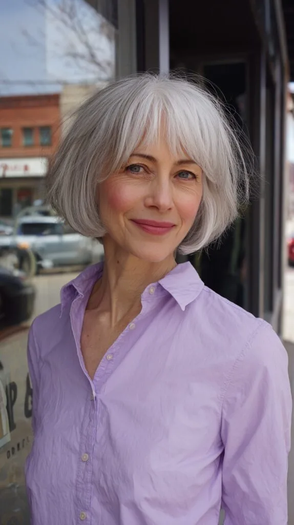 Sleek Silver Bob with Delicate Wispy Bangs