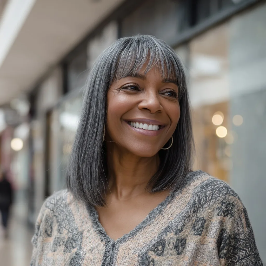Sleek Silver Curtain Bangs with Shoulder-Length Layers