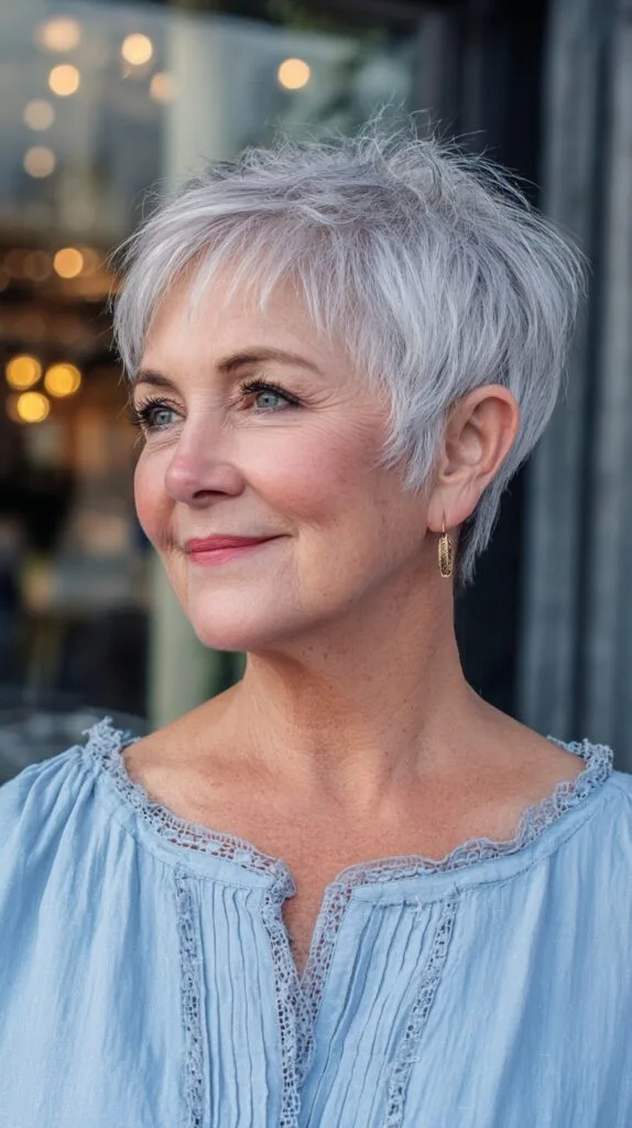Sleek Silver Feathered Pixie for Fine Hair