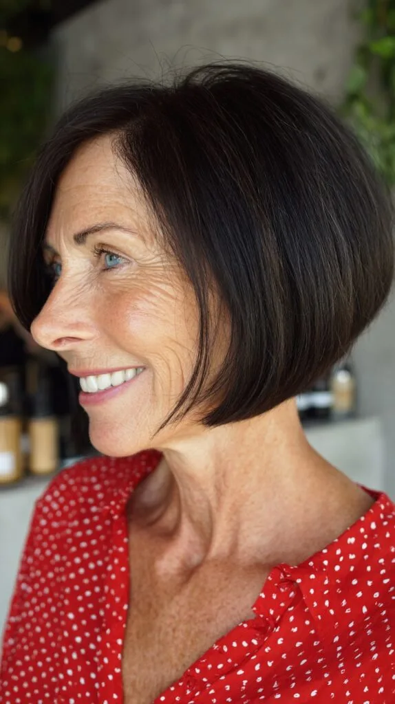 Smooth Dark Angled Chin-Length Bob with Soft Face-Framing
