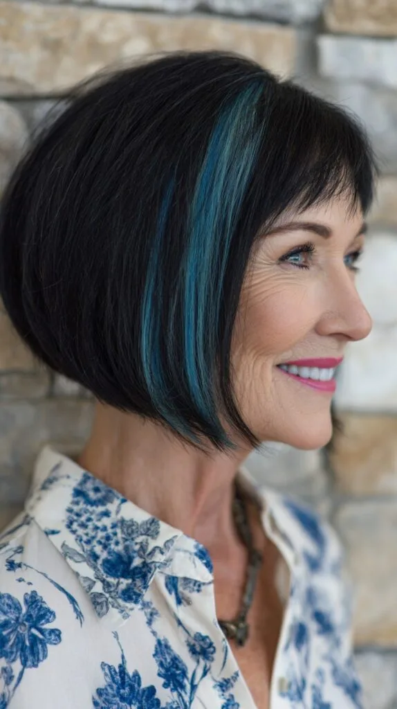 Soft Angled Black Bob with Teal Face-Framing Streak