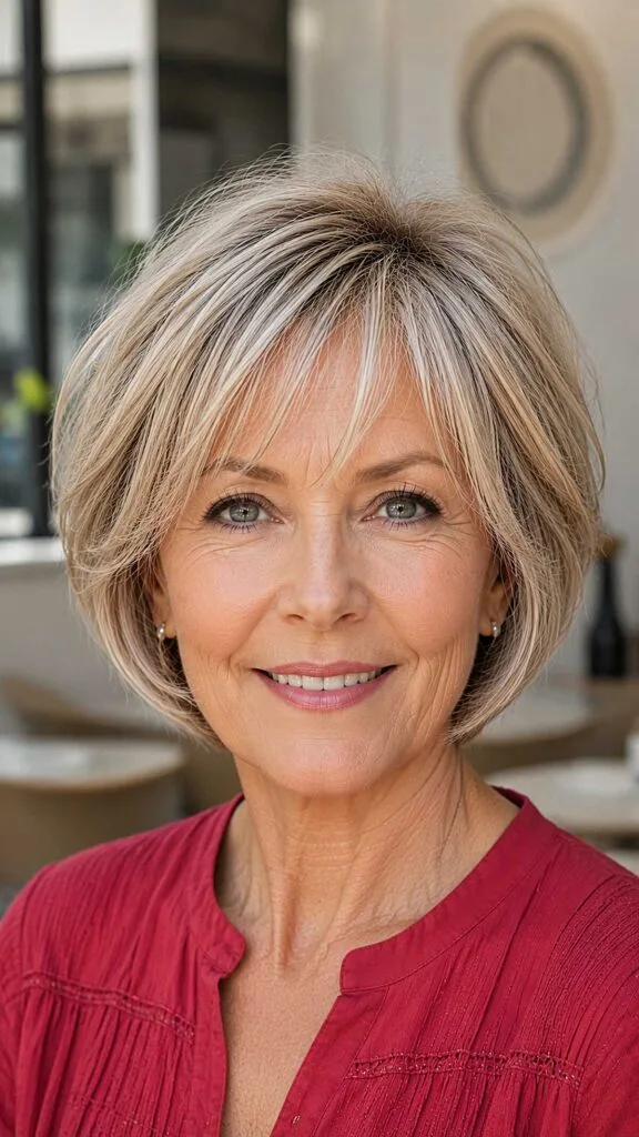 Soft ash blonde chin-grazing pixie bob with side part