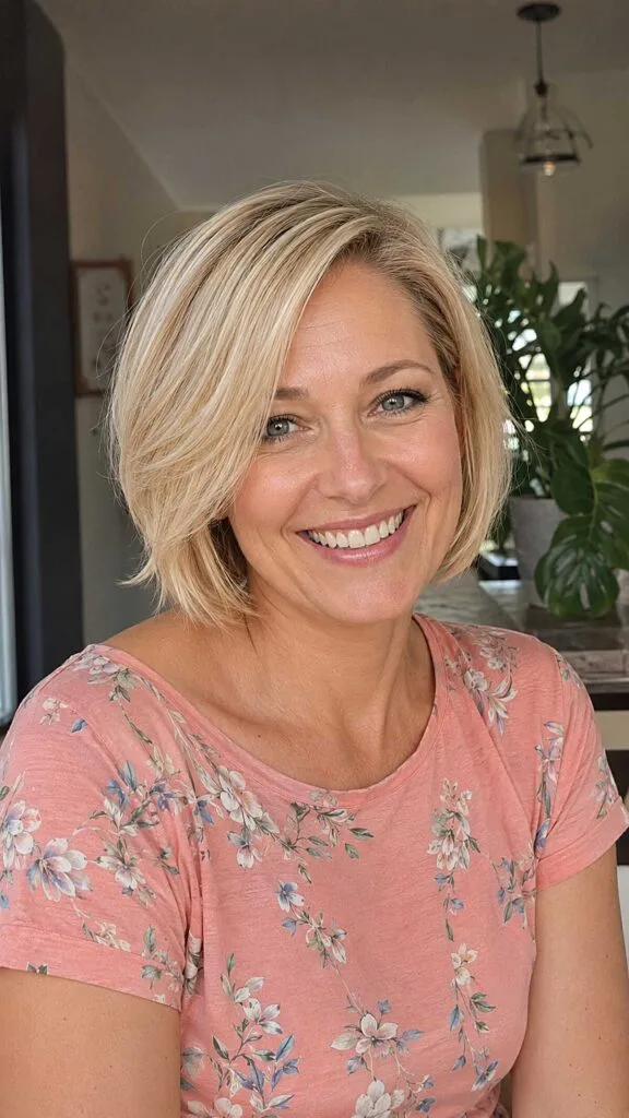 Soft blonde chin-length bob with gentle side part