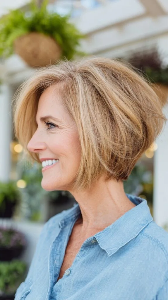 Soft Blonde Layered Angled Bob for Mature Women