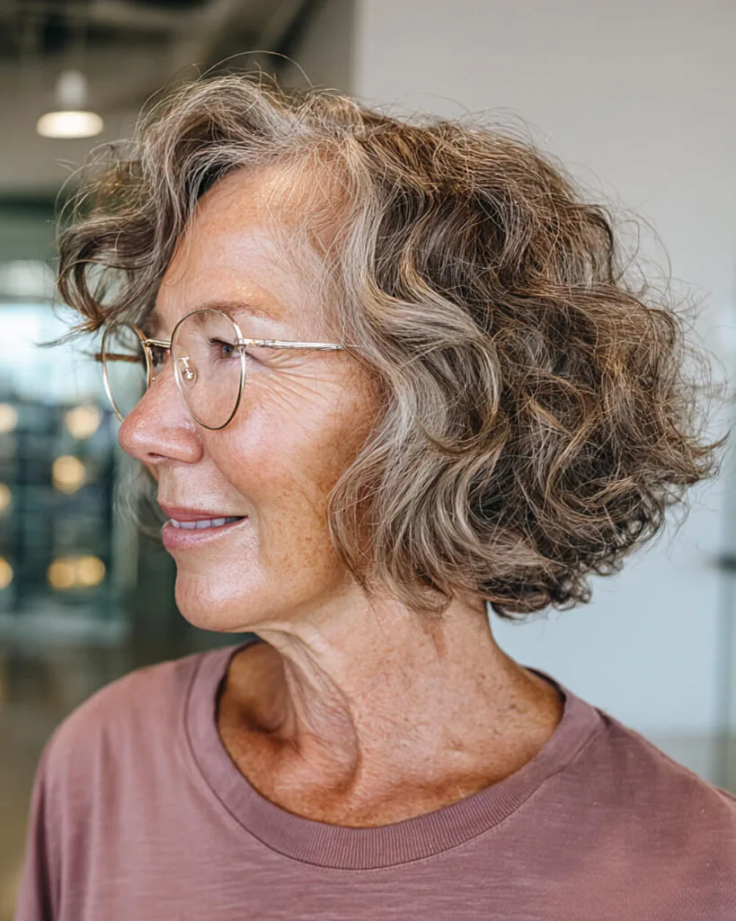 Soft brown and silver wavy bob for mature women