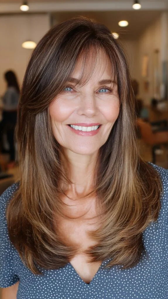Soft Brunette Long Layers with Feathered Curtain Bangs
