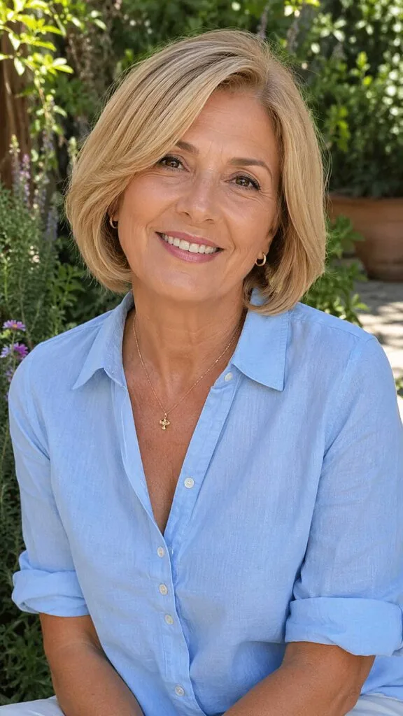 Soft Butter Blonde Chin-Length Bob with Side Part