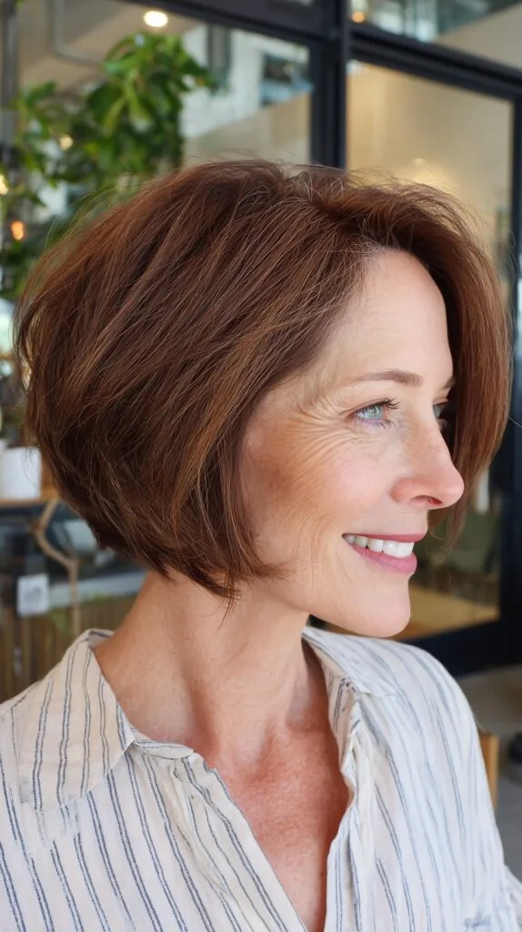 Soft Chestnut Angled Chin-Length Bob with Hidden Ear Glide