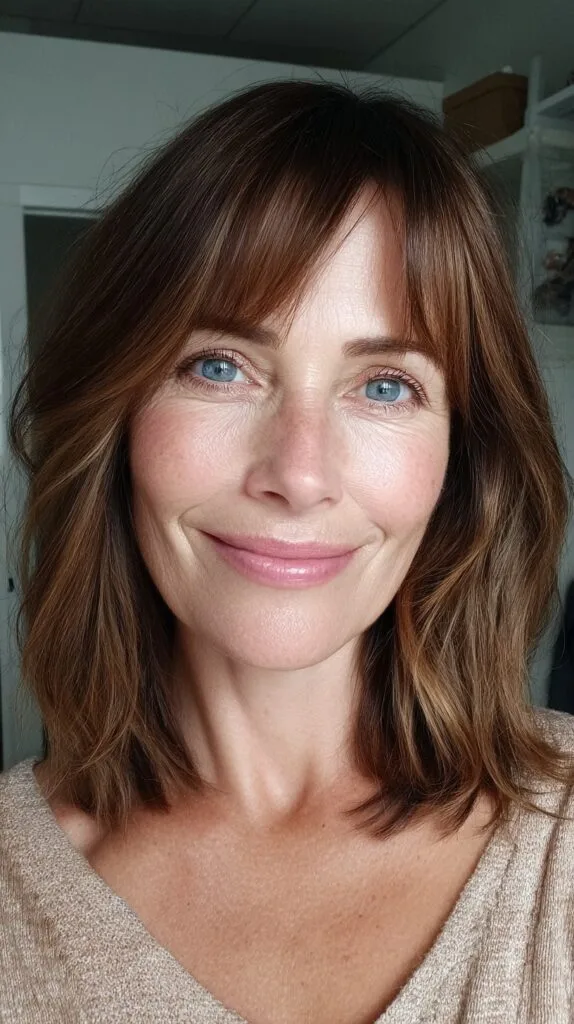 Soft Chestnut Lob with Curtain Bangs and Face-Framing Balayage