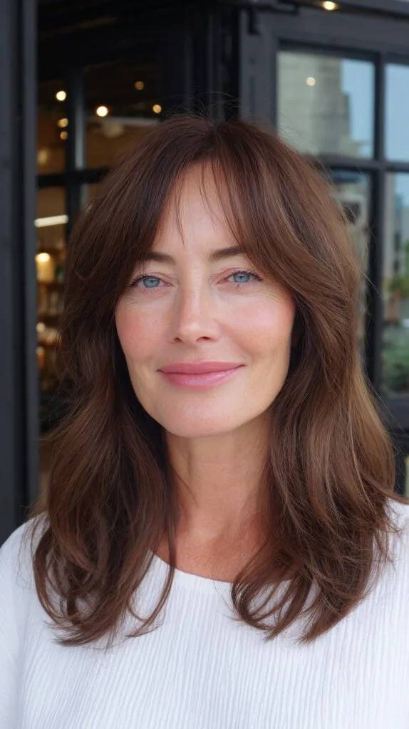 Soft Chestnut Mid-Length Layers with Wispy Center Fringe