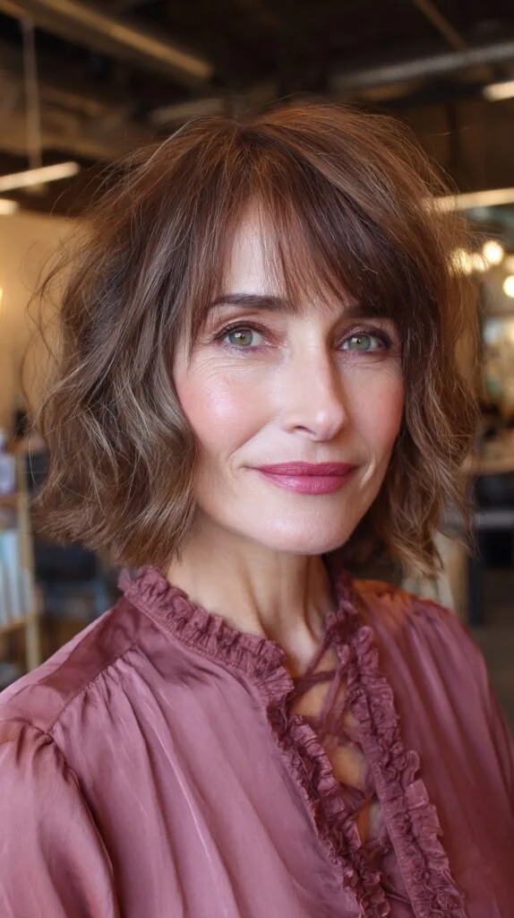 Soft Chestnut Waves with Curtain Bangs
