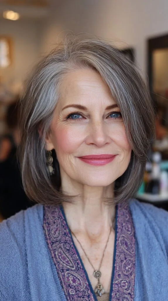 Soft Grey Angled Bob with Long Side-Swept Fringe