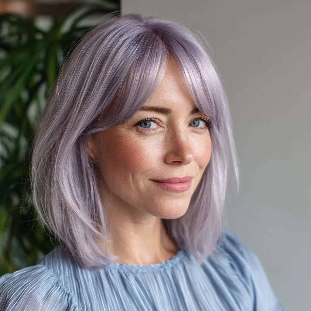 Soft Lavender Curtain Bangs with Layered Lob