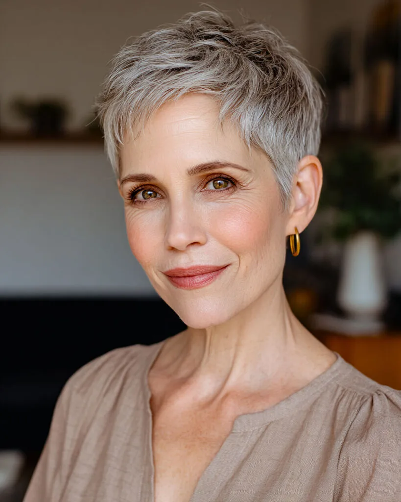 Soft layered pixie cut for women over 50 with fine thin hair and natural grey blending highlights