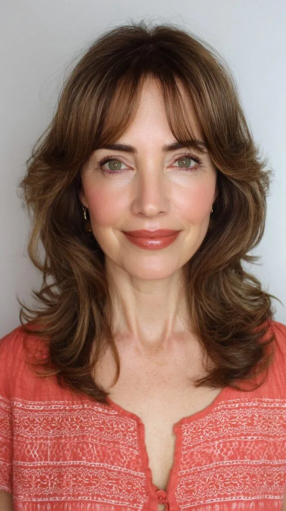 Soft Layered Shoulder-Length Cut with Long Curtain Bangs and Babylights