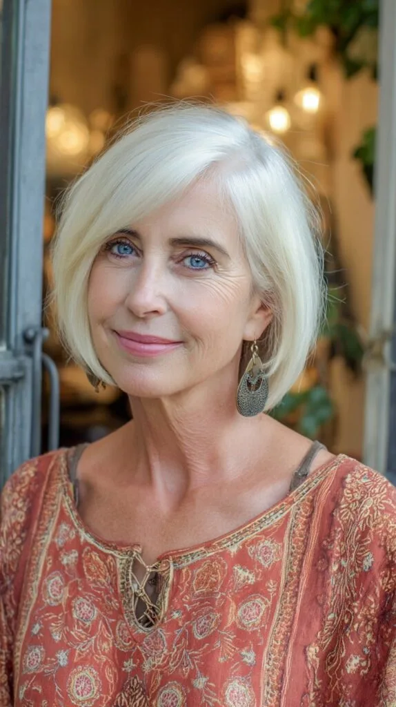 Soft Platinum A-Line Bob with Side-Swept Fringe