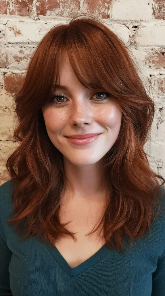 Soft Red Layered Waves with Face-Framing Bangs