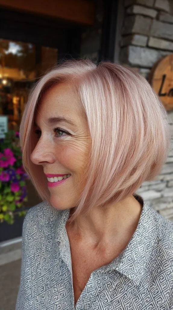Soft Rose-Gold Angled Chin-Length Bob with Stacked Nape