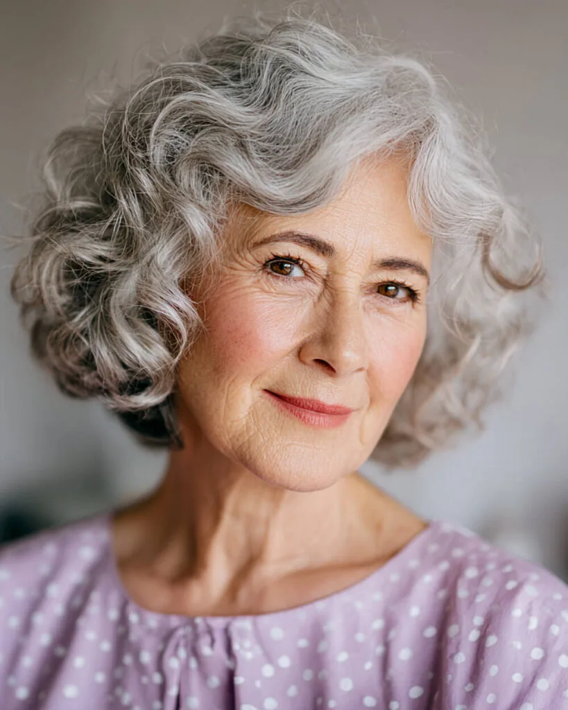 Soft rounded curly bob with light waves for women over 70