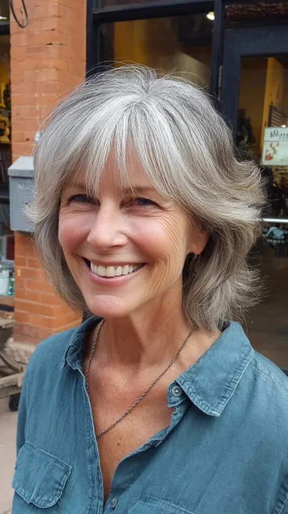 Soft Silver Feathered Layer with Sweeping Bangs