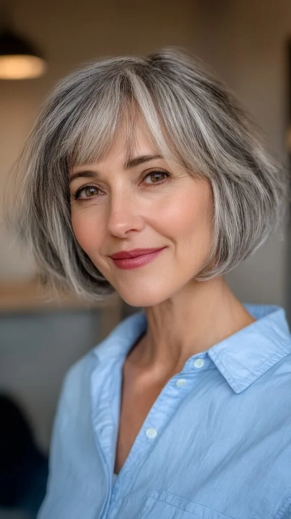 Soft Silver Layered Bob for Mature Women