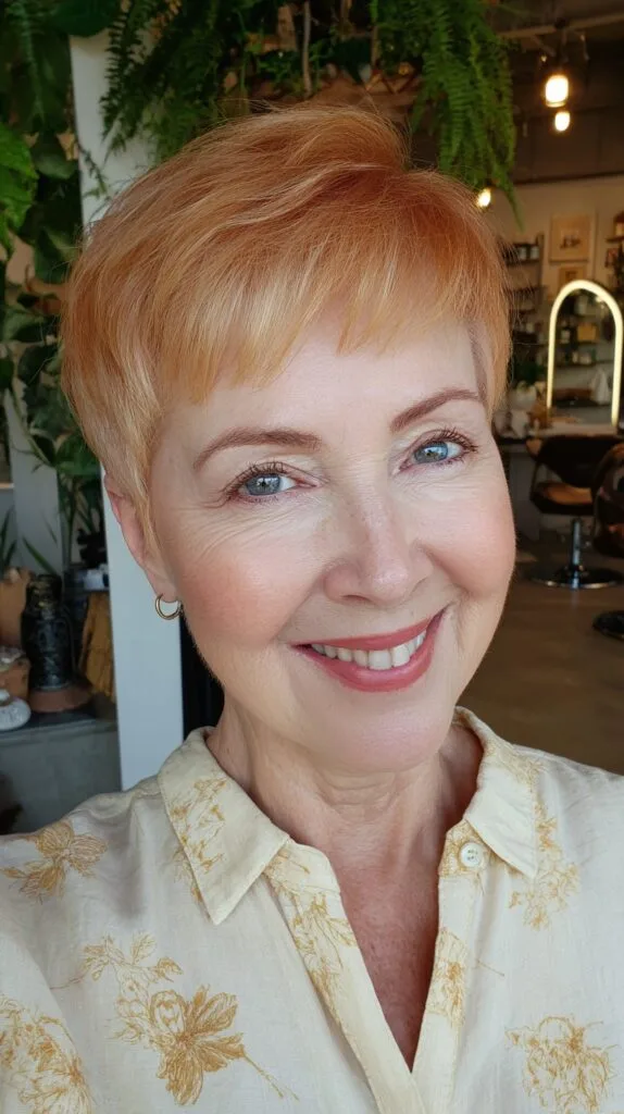 Soft Strawberry-Blonde Whispered Pixie with Feathered Fringe