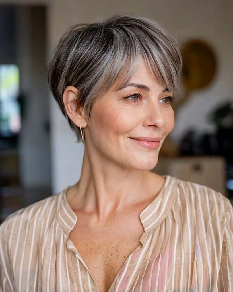 Soft textured tapered pixie for older women with fine silver hair and side-swept bangs