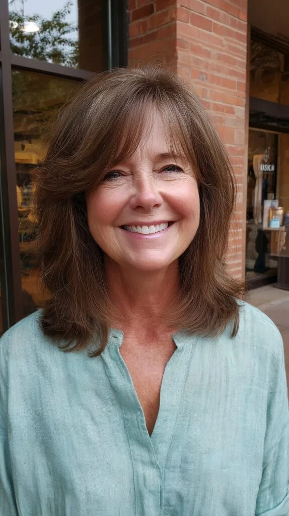 Soft Tousled Chestnut Layers with Lightweight Bangs
